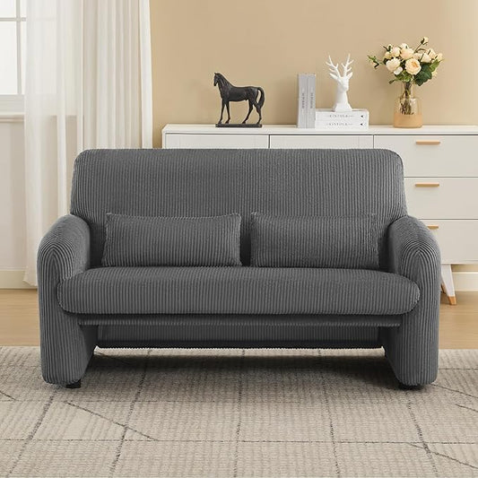 56'' Corduroy Loveseat Sofa 2 Seater Love Seat Couch for Small Space Comfy Upholstered Modern Leisure Loveseat Couches with Lumbar Pillows for Bedroom Office Living Room Grey