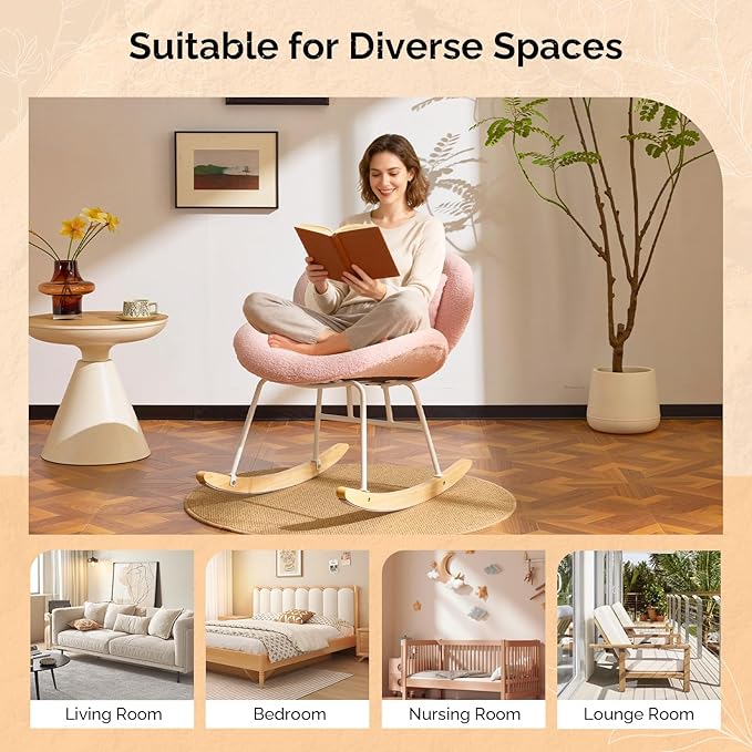 VINGLI 25.6 Extra Wide Nursery 115° Armless Rocking Chair Curved Cute Cross-Legged Glider Chair with Pillow &amp Solid Wood Nursing Chair for Bedroom Living Room Teddy Fleece Pink