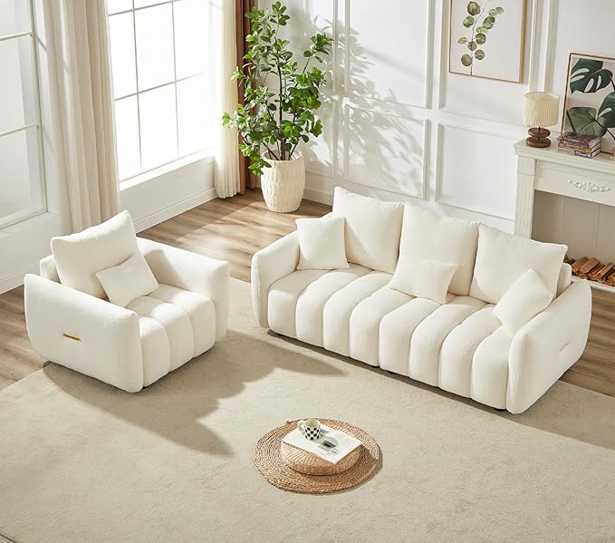 Antetek Set of 3 Teddy Sofa for Living Room Modern 2 Units Deep Seat Sofa Chairs and an Oversized 3-Seater Cloud Boucle Couch for Bedroom Office Apartment Furniture Set Beige (3 Pieces)