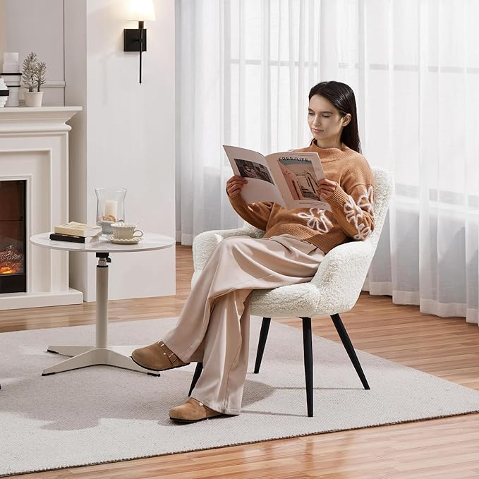 Topeakmart Modern Accent Chair Fluffy Sherpa Barrel Chair Boucle Armchair with Soft High Backrest and Metal Legs for Living Room Bedroom Office Ivory