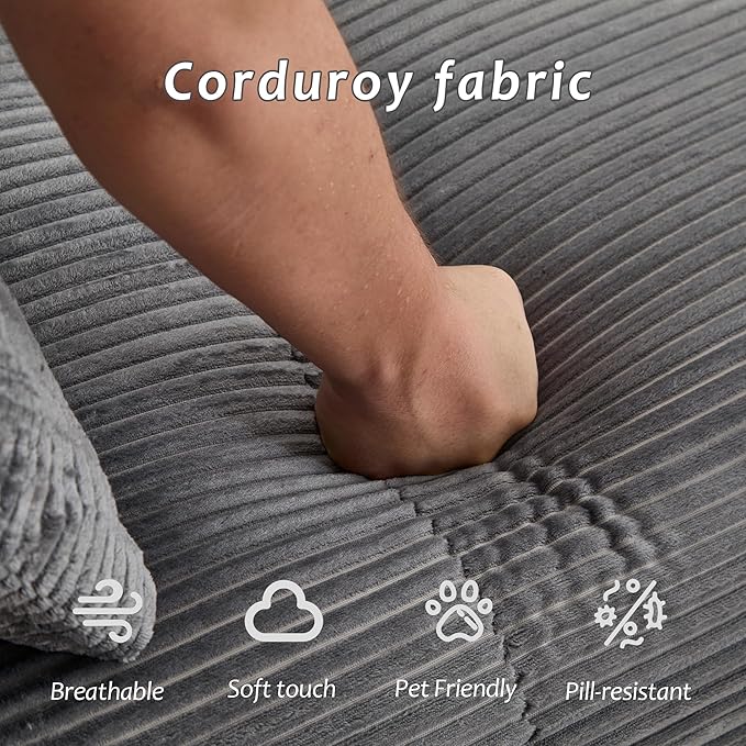 Memory Foam Compressed Sofa Bed Modern Grey Single Chaise Louge Comfy Futon Floor Couch Pet Friendly Fectional Couch for Living Room Bedroom No Assembly Movable OttomanCorduroy