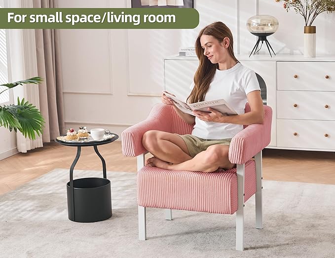 Mistpeople Corduroy Barrel Accent Chair Modern Upholstered Armchair with Metal Legs Cozy Corner Chair for Living Room Bedroom Vanity Office Reading Nook Pink Whiteleg