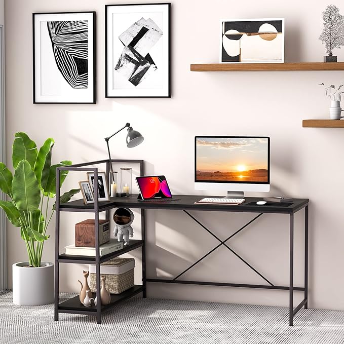 COSTWAY 59 Inch L-Shaped Computer Desk Large Reversible Corner Desk with Open Storage Shelves Space-Saving Writing Study Table PC Laptop Gaming Desk for Home Office (Black)