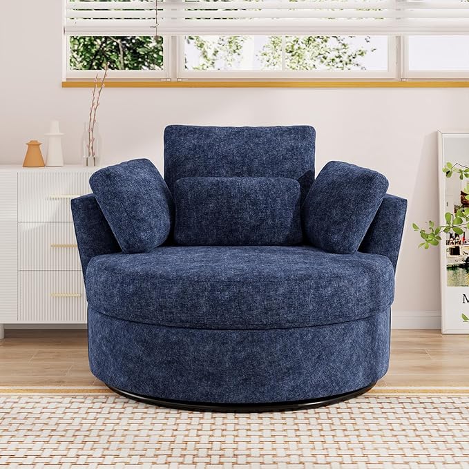 Oversized Swivel Accent Barrel Chair Set of 2 Chenille Upholstered Comfy Round Swivel Chair with Pillows 360 Degree Modern Lounge Reading Sofa Armchair for Nursery Living Room Bedroom(Navy Blue)