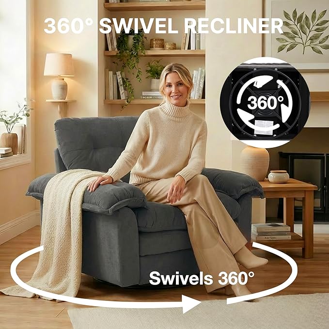 360° Swivel Accent Chair Oversized Plush Modern Chenille Armchair with Padded Seat &amp Back Comfy Spinning Chair for Living Room Bedroom Office (Grey)