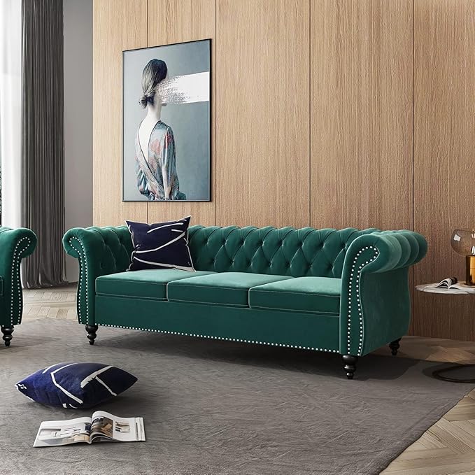 AVZEAR 3 seat Sofa Velvet Sofa Living Room Sofa Large Sofa Modern Chesterfield Fabric Modern 3 Seater Couch Furniture Classic Tufted Chesterfield Settee Sofa Green