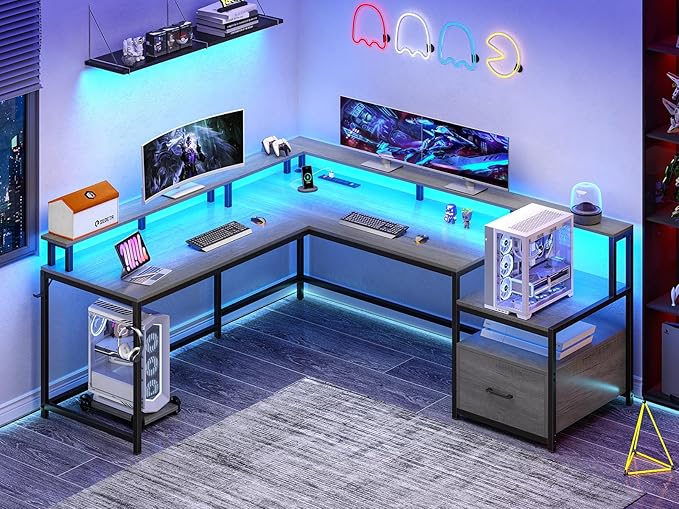 SEDETA L Shaped Desk 66 Home Office Desk with Wood File Drawer &amp Power Outlet Gaming Desk with Led Lights Corner Computer Desk with Monitor Shelf Printer Storage Shelves Two Person Desk Gre