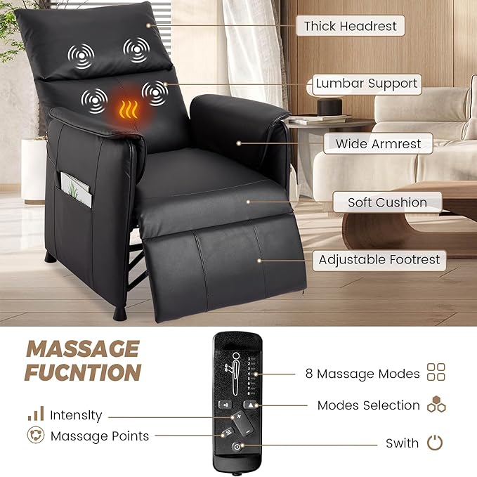 Electric Recliner Chair with Heat and Massage Power Recliner Sofa Bed for Living Room Home Theater or Office Heated Recliner Adjustable PU Leather Massage Chair Remote Control Black