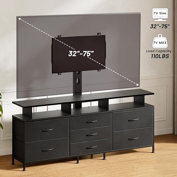 REAHOME TV Stand with Mount 63 Entertainment Center for 32/45/55/60/65/70 inch TVs Media Console Table with 7 Drawers Height Adjustable Mount Dresser TV Stand for Living Room Carbon Fiber Black