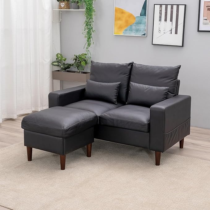 Panana Convertible Sectional Sofa CouchL-Shaped 2 or 3-Seat Sofa Sectional with Reversible Ottoman for Small Living Room Apartment (Black Leather Look Fabric 2 Seater with Ottoman - Track arms)