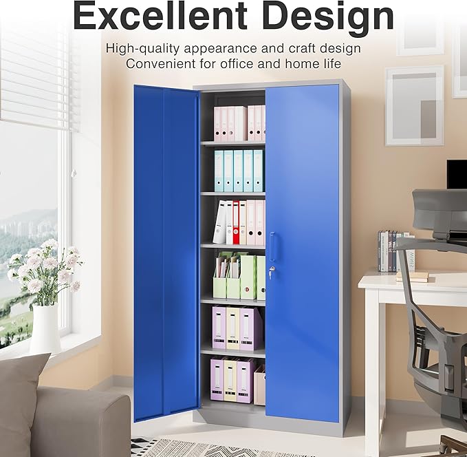 Metal Cabinet with 5 Adjustable Shelves6 Tier Garage Storage Cabinet with LockGray Blue Metal Storage Cabinet with Locking DoorsSteel Cabinets71 Lockable Storage Cabinets for HomeOfficeGarage