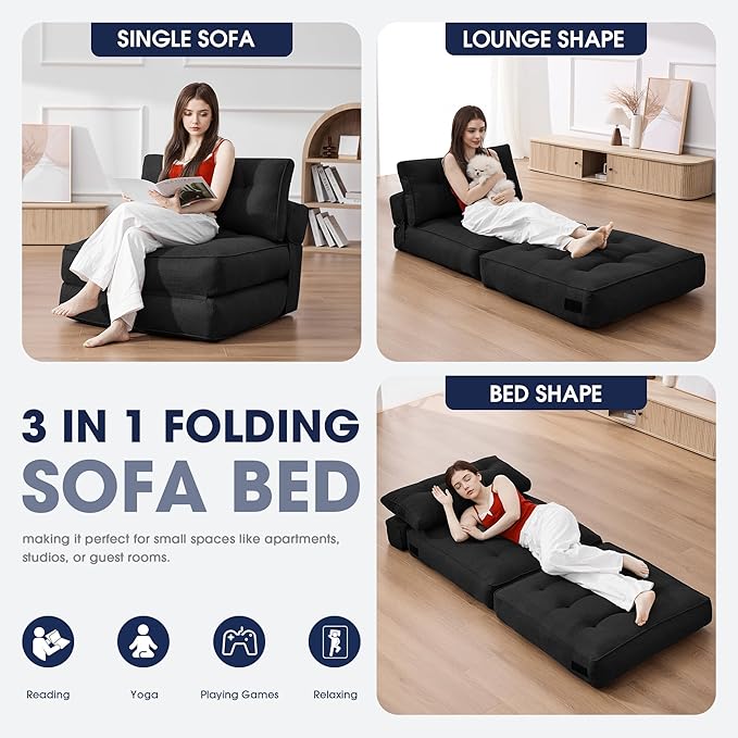 KINGYES Folding Chair Bed 3 in 1 Convertible Sleeper Chair with Pillow Foldable Futon Chair for Living Room Black