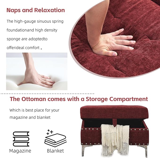 Living Room Furniture Sets L-Shape Sectional 5-Seater Sofa with Extra Wide Reversible Chaise Storage Ottoman and Cup Holders and Copper Nails 2 Pillows Claret