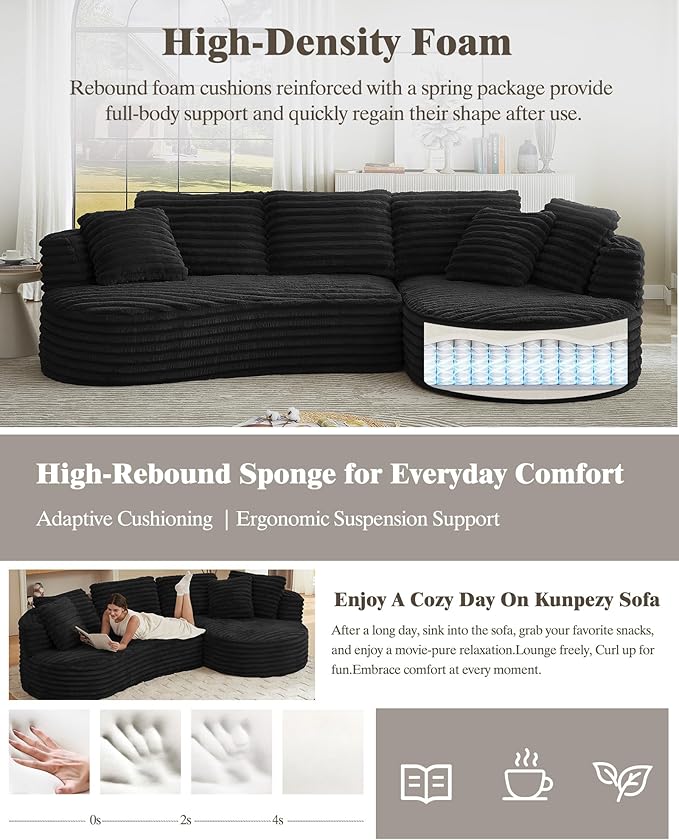 121 inch Boneless Cloud Modular Sectional Couch Wide Curved L Shaped Sofa with Chaise | Corduroy Fabric | Compressed Foam Sofa for Living Room | No Assembly Black