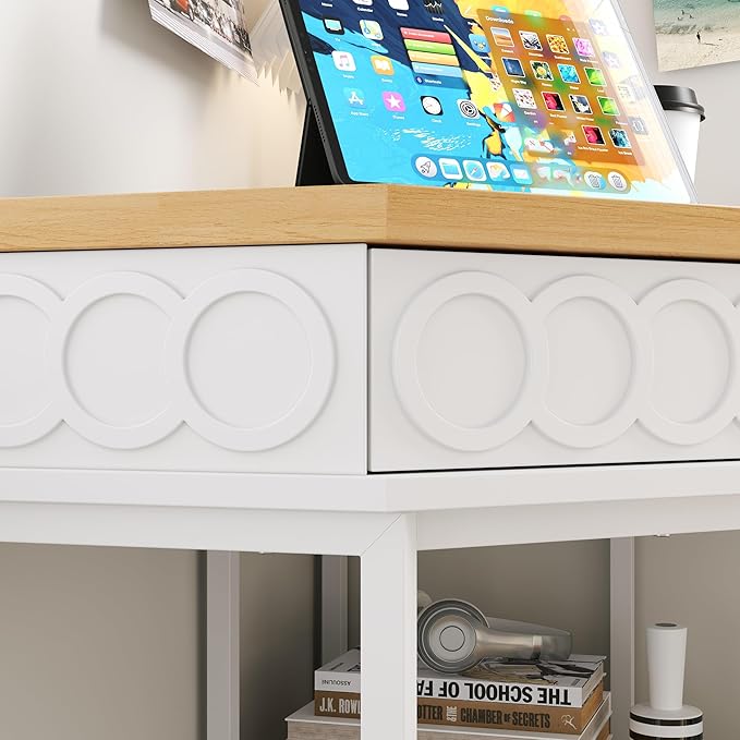 Small Corner Desk with Rotating Drawer &amp Open Shelves Triangle Study Writing Table with Circular Pattern Compact Computer Desk for Home Office White &amp Brown