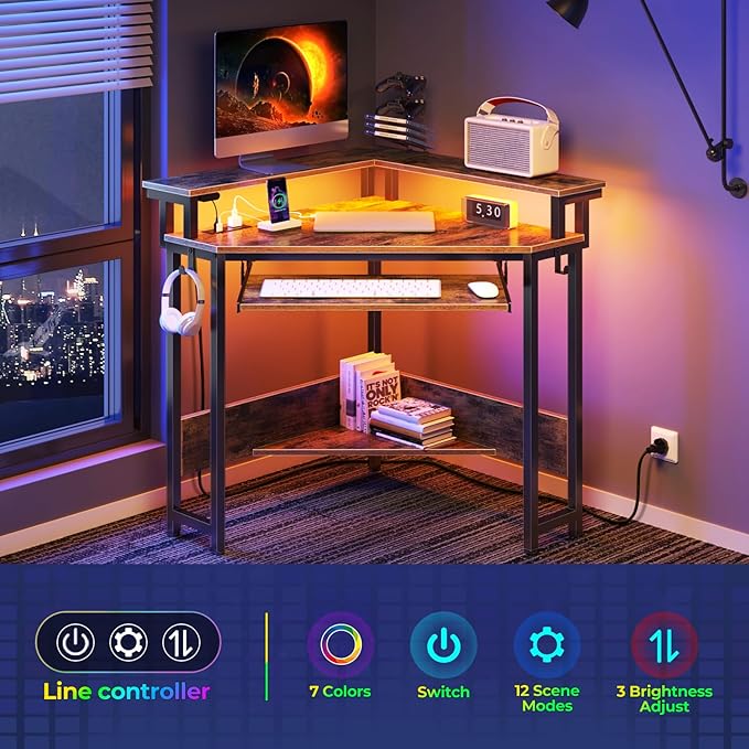 Rolanstar Corner Desk 44.5 W x 34.5 H Small Computer Desk with Power Outlets Gaming Desk with LED Lights Triangle Corner Desk with Keyboard Tray &amp Monitor Stand for Small Space Rustic Brown