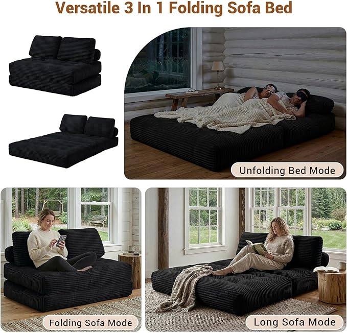 Folding Sofa Bed Convertible Loveseat Sleeper Chair with Pillow Portable Floor Couch for Living Room and Bedroom Comfy Floor Lounge Chair Bed for Small Spaces Black