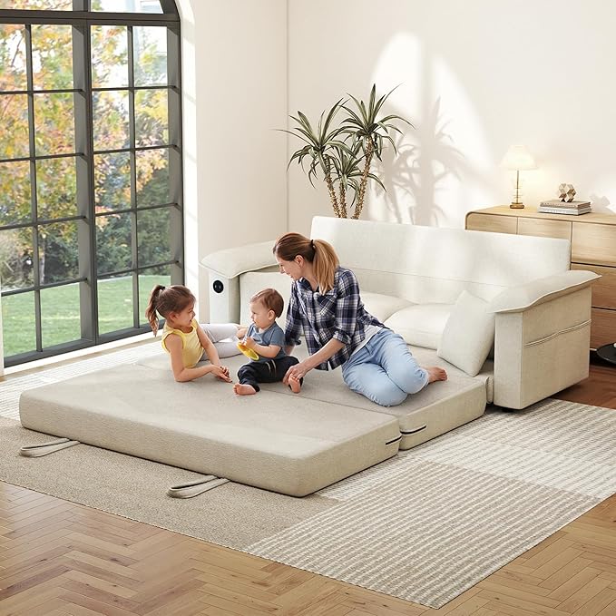 SUNWAVE 77 Loveseat Sleeper Sofa Convertible Sofa Bed 2-Seat Pull Out Couch w/USB Chenille Folding Sofa Bed for Living Room Small Spaces Bedroom (Ivory) | 9 Wider Amrest Breathable Chenille Stay