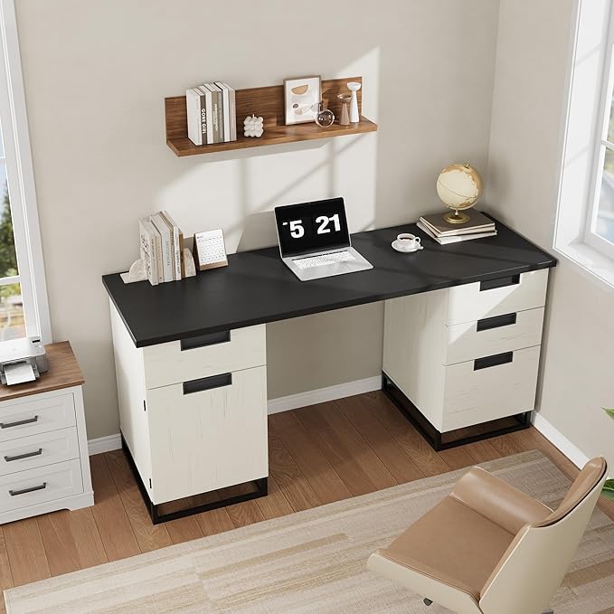 GAOMON Farmhouse Executive Desk 59 Inch Computer Desk White Home Office Desks with File Drawer and Storage Cabinet Wood Writing Desks for Bedroom Home Office White+Black