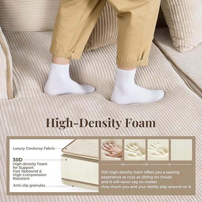 104 Cloud Boneless Sectional Couch Upholstered Corduroy Couch with Deep Seat No Assembly Required Compressed Sofa for Living Room Apartment Beige