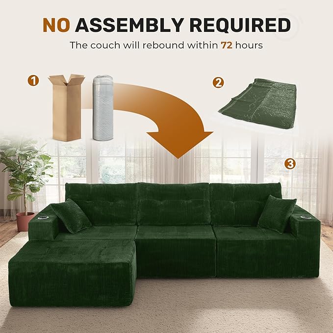 113 Modular Sectional Sofa for Living Room Convertible L-Shape Couch with Ottoman 4 Seater Modular Sectional SofaGreen Corduroy