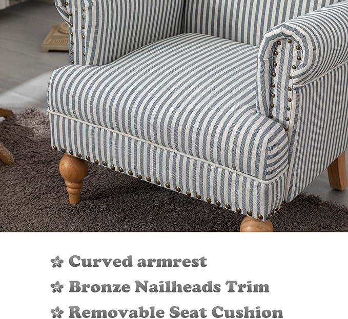 chairus Linen Accent Chair for Living Room Upholstered Mid Century Modern Single Sofa Chair with Solid Wood Legs Comfy Reading Chair Armchair for Bedroom/Office Room/Recption/Lounge Blue Stripe