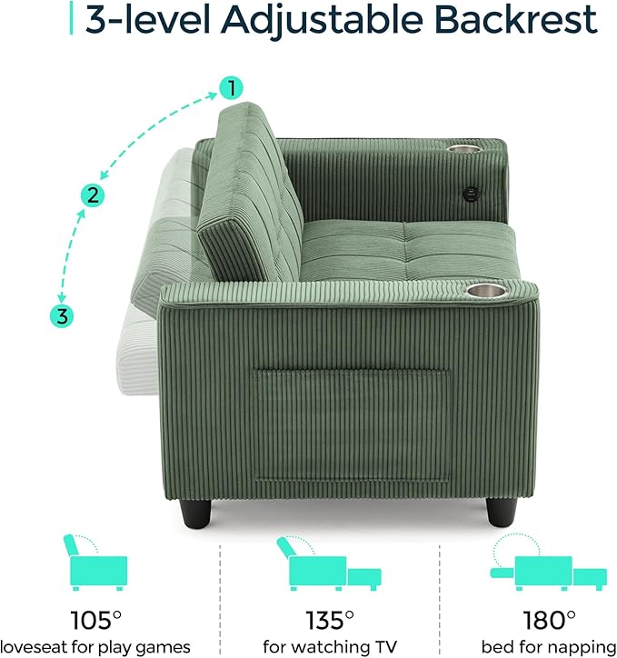 LINSY 3-in-1 Convertible Sofa Bed 54 Pull Out Sleeper Sofa with Charging Station &amp Cup Holder Small Corduroy Couch Folding Loveseat with Side Pocket for Small Space Green