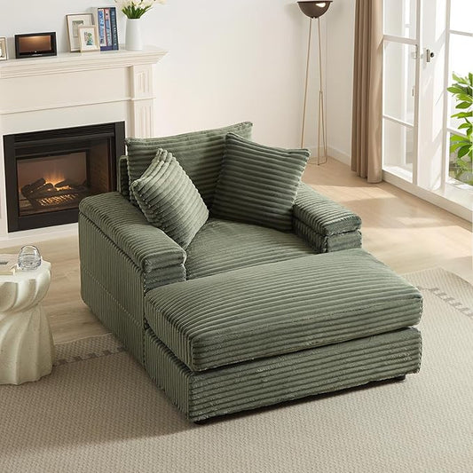 Chaise Lounge Chair Indoor 44 Inch Comfy Corduroy Sectional Cloud Couch Upholstered Single Sofa w/Movable Ottoman for Living Room Bedroom Apartment Green