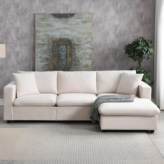 100.4 Beige Cloud Couches for Home Living Room Sofa Set Modern L Shaped Sectional Couch with Convertible Ottoman 4 Seater Comfy Polyester Fabric Modular Sofa for Apartment Bedroom Office