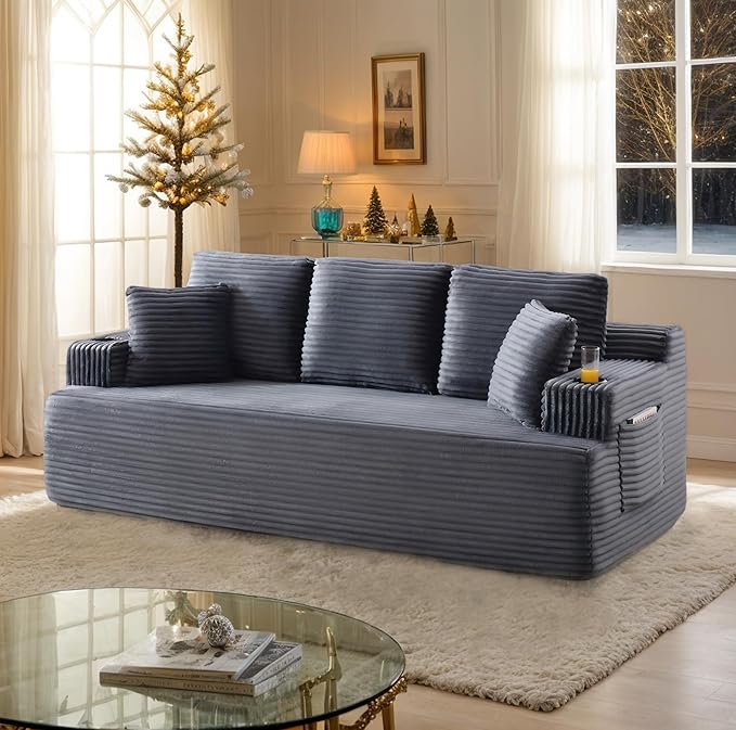 86 Small Cloud Loveseat Sofa in a Box Comfy Corduroy 2-Seater Boneless Couch Modern Deep Seat Sofa for Small Spaces Living Room &amp Apartment No Assembly Required (Grey 86 inch) | Memory Foam
