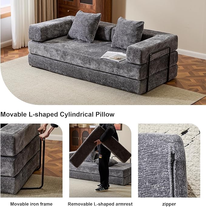 Folding Sofa Bed Modular Sectional Cloud Couch Convertible Sleeper Sofa Bed with Pillow Back Support Armrest for Living Room Bedroom Lounge No Assembly Required Chenille (Dark Grey)