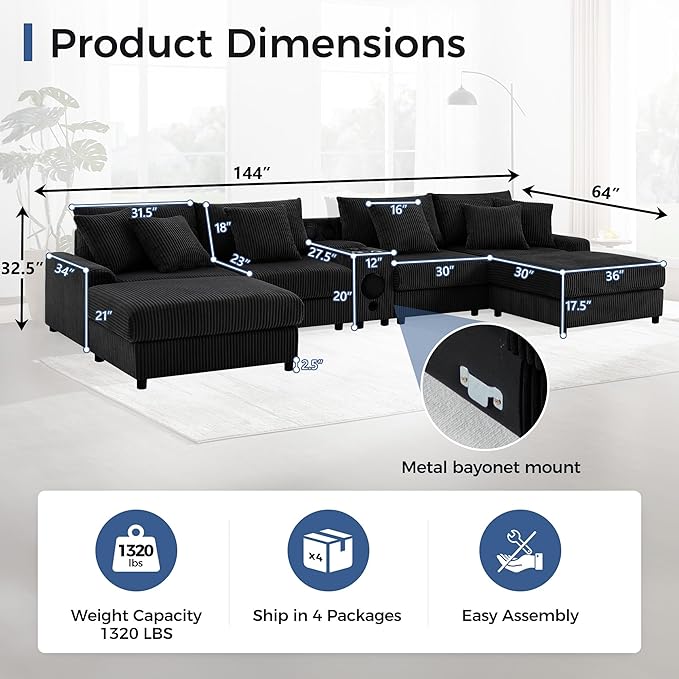 144 Corduroy U-Shaped Sectional Sofa w/Speakers &amp USB Charging Comfy Reclining Deep Seat Couch w/Ottoman Cup Holders for Living Room Home Theater (Black 144in)