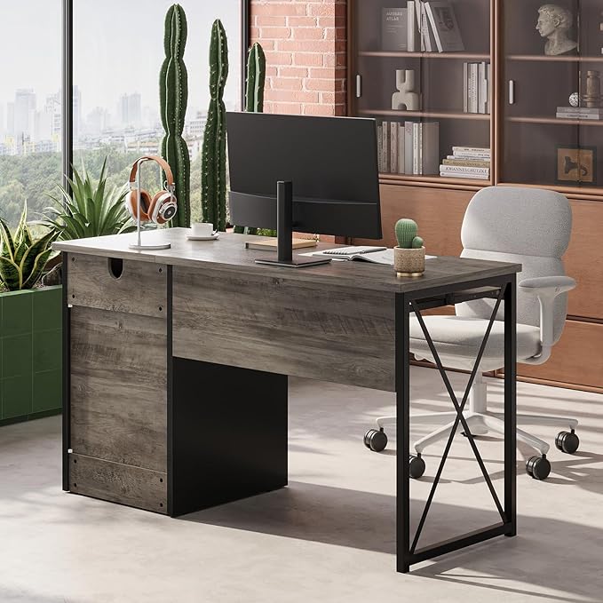 Bestier 47 Office Desk with Drawers Industrial Computer Desk with Drawer Reversible Teacher Desk with Storage &amp Keyboard Tray for Small Space Home Office &amp Studio Gray Wash