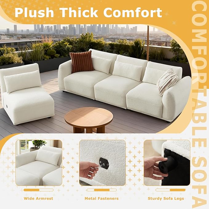 Boucle Sectional Couches for Living RoomComfy Upholstered Modular Sectional SofaU Shaped CouchL Shape Sofa with Removable Ottoman.(4Seats-Beige White)