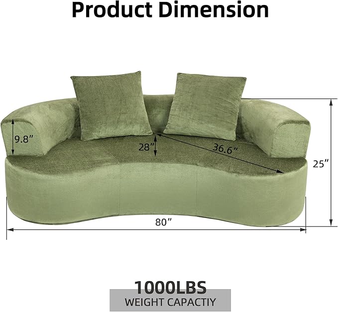 80 Boneless Loveseat Curved Cloud Sofa Couch Memory Foam Couch in a Box with 2 Pillows U-Sheaped Sofa for Living Room Bedroom Comfy Compressed Sofa No Assembly Required (Green)