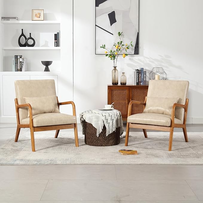 Modern Accent Chair Solid Wood Padding Lounge Armchairs with One Pillow for Living Room Bedroom Guest Room (Khaki PU)