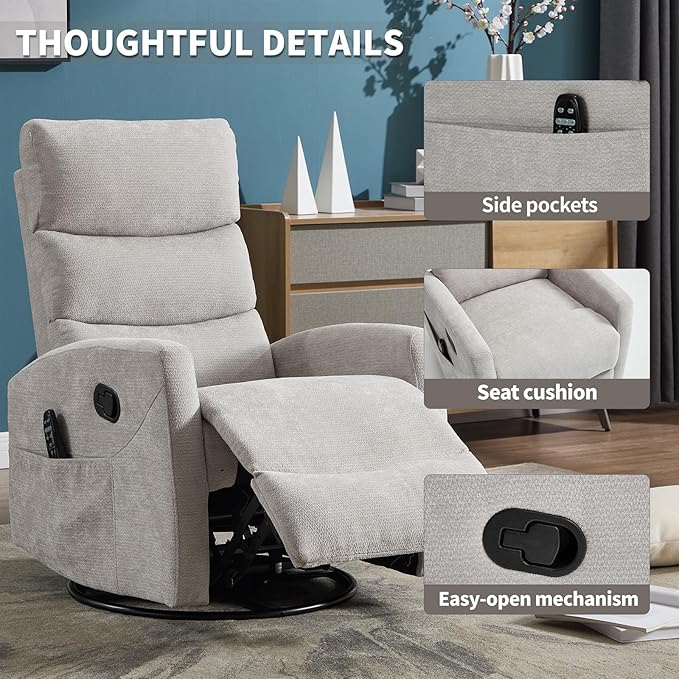 Swivel Recliner with Heat and Massage Rocker Recliner Chair for Living RoomGlider Recliner Nursery Chair with Black Metal Base/Adjustable Backrest and Footrest (Fabric Grey1)