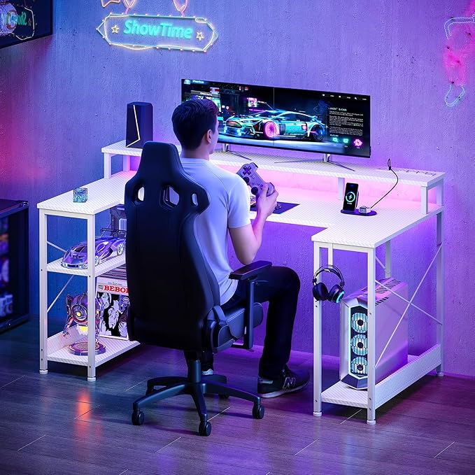 ODK 48 Inch Gaming Desk with LED Lights and Power Outlet U-Shaped Computer Desk with Monitor Stand and Storage Shelves PC Gamer Table for Home Office Carbon Fiber White