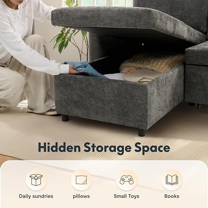 FLEXISPOT XB5 78 Pull Out Couch Bed with Storage Chaise3-Seater Sectional Sofa Bed with USB Charging Ports 2-in-1 Convertible Sofa Couch for Living Room Apartment Easy to Assemble(Gray)