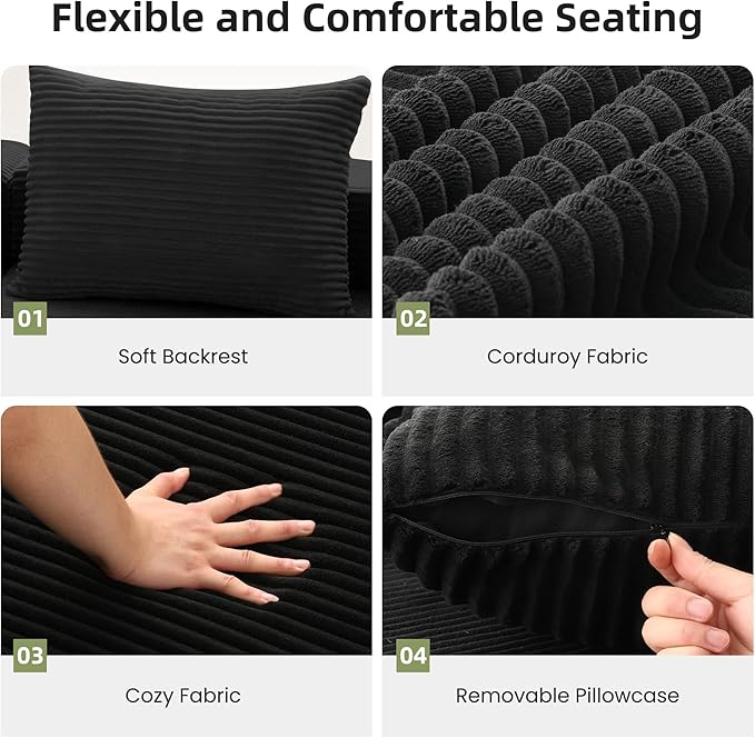 105 Modular Sectional Couches for Living RoomBoneless Couch with L-Shape ChaiseComfy Corduroy Sectional SofaNo Assembly RequiredBedroom Black