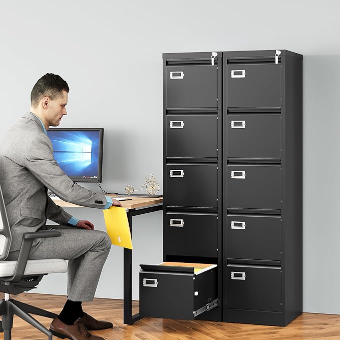 SISESOL 5 Drawer File Cabinet with Lock15 Narrow Vertical File Cabinet Five drawerTall Office Filing CabinetsBlack Metal Filing Cabinets for Home OfficeFit A4LegalLetter Size-Assembly Required
