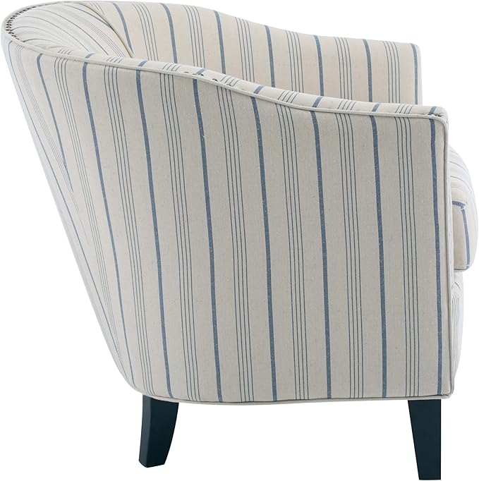 Christopher Knight Home Austin Fabric Upholstery Wood Frame Club Chair Stripes Pattern and Channel Stitching Living Room Barrel Chair Comfy Armchair Tub Design with Removable Cushion Beige + Blue