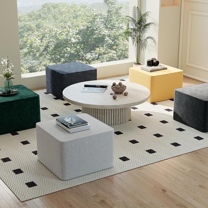 23.6'' Square Ottoman Chenille Foot Rest for Couch Sponge Filled Accent Ottomans for Living Room Office Bedroom - White