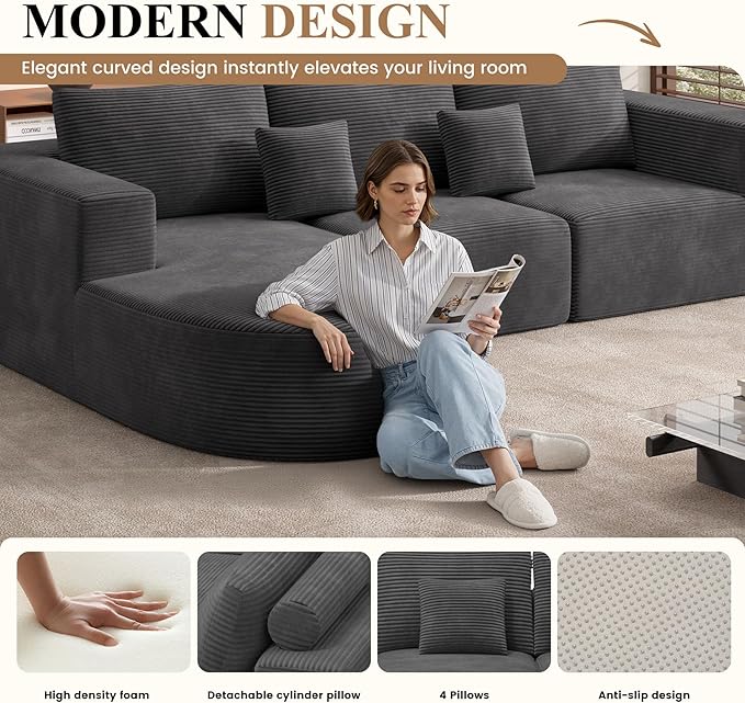 Modular Sectional Sofa BedConvertible Cloud Couches for Living Room2 Chaise Corduroy Boneless Couch Sleeper Sofa SetOversized Chaise Lounge Chair for BedroomNo Assembly RequiredGray 1PCS