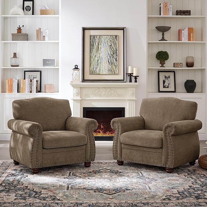 ONBRILL Nailhead Trim Armchair Rolled Arm Accent Chair for Living Room Comfy Chenille Club Sofa Chair w/Springs Cushions &amp Wood Legs Traditional Single Couch Chair for Apartment Farmhouse Bro