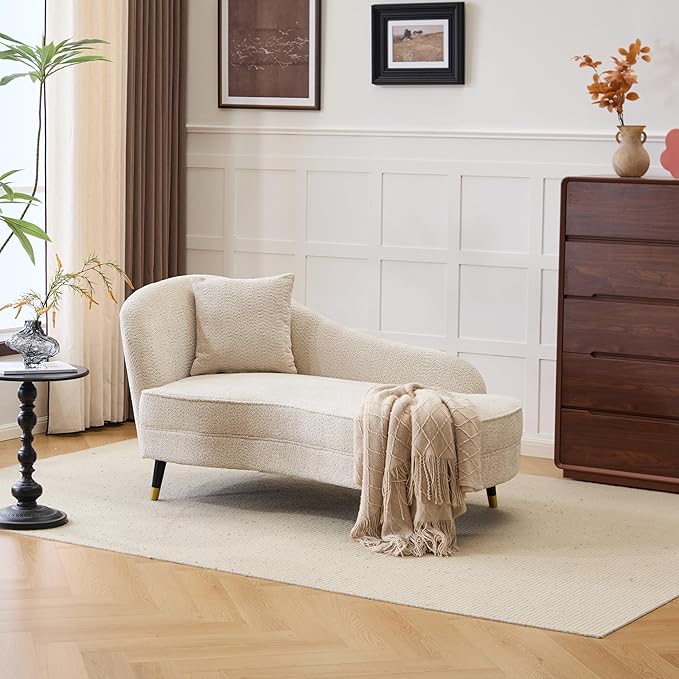 Christopher Knight Home Harlow Velvet Upholstered Chaise Lounge Chair Indoor Wooden Chaise Lounge Sofa with Accent Pillow Living Room Lounge Chair with Left Armrest Beige