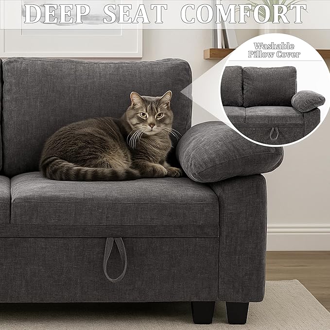 108 Inch Sectional Sleeper L Shaped Sofa with Pull Out Bed 7 Seat Modular Sectional Sofa with Storage Modern Chenille Cloud Couch Sectional Couches for Living Room Gray