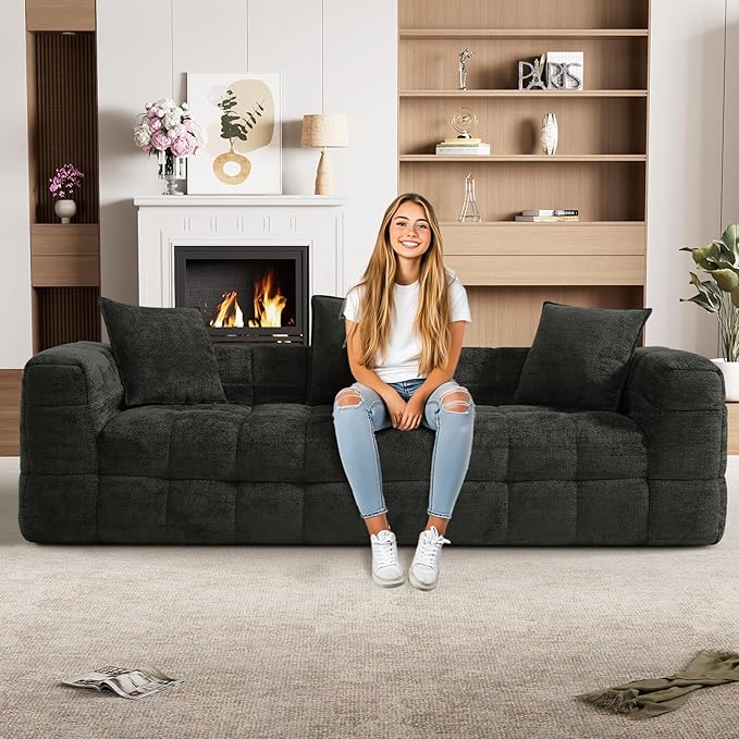 89.8 Chenille Cloud Sofa Couch with 3 Soft PillowsComfy Upholstered Chenille 3 Seater LoveSeat SofaModern Deep Seat Sherpa Cloud Couch Oversized Love Seat for Living RoomBlack Grey