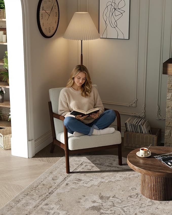 GarveeHome Mid-Century Accent Chair Cozy Sherpa Reading and Lounge Armchair with Lumbar Pillow Modern Wood Frame for Living Room Bedroom Office Beige