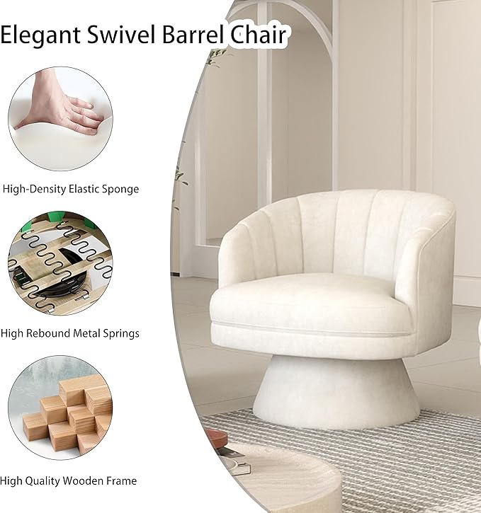 Swivel Accent ChairUpholstered Velvet 360° Swivel Barrel Chair for Living Room Overstuffed Bouncle Reading Chair Round Armchair for BedroomVanityOffice (Beige)